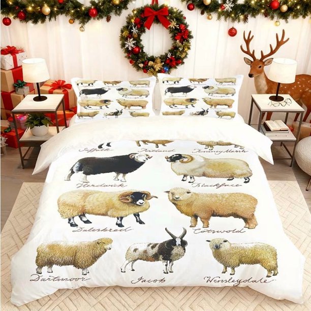 Sheep Breed Illustration Printed Duvet Cover Set Bedding Set Including Duvet Cover and Pillowcases Multi-Color Print Suitable for All Seasons Ideal for Home and