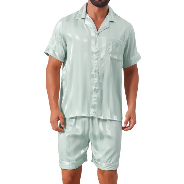 INSPIRE CHIC Conjunto de Pijama de Satén para Hombre de Manga Corta con Botones a Rayas Ropa de Dormir de Seda Conjunto de Pantalones Cortos M Verde