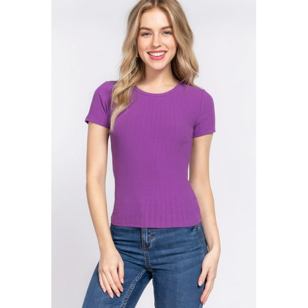 Saronite Top de Manga Corta con Cuello Redondo y Canalé de Algodón Básico, Morado (para Mujer)