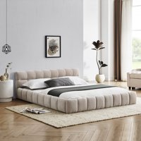 M&Ms - Queen Size Upholstered Bed Frame With Thick Fabric, Chenille Fabric Grounded Queen Size Platform Bed With Headboard And Solid Frame. No Box Spring Needed, Beige(68''*86.5''*23.5'')
