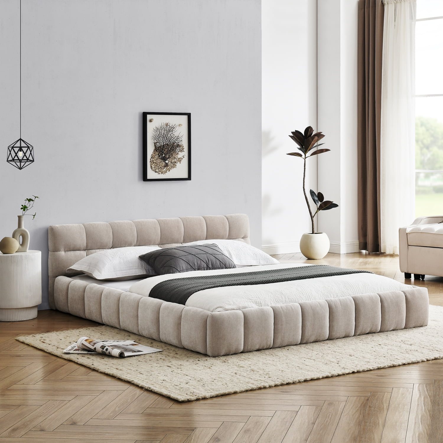 M&ms - Queen Size Upholstered Bed Frame With Thick Fabric, Chenille Fabric Grounded Queen Size Platform Bed With Headboard And Solid Frame. No Box Spring Needed, Beige(68''*86.5''*23.5'')