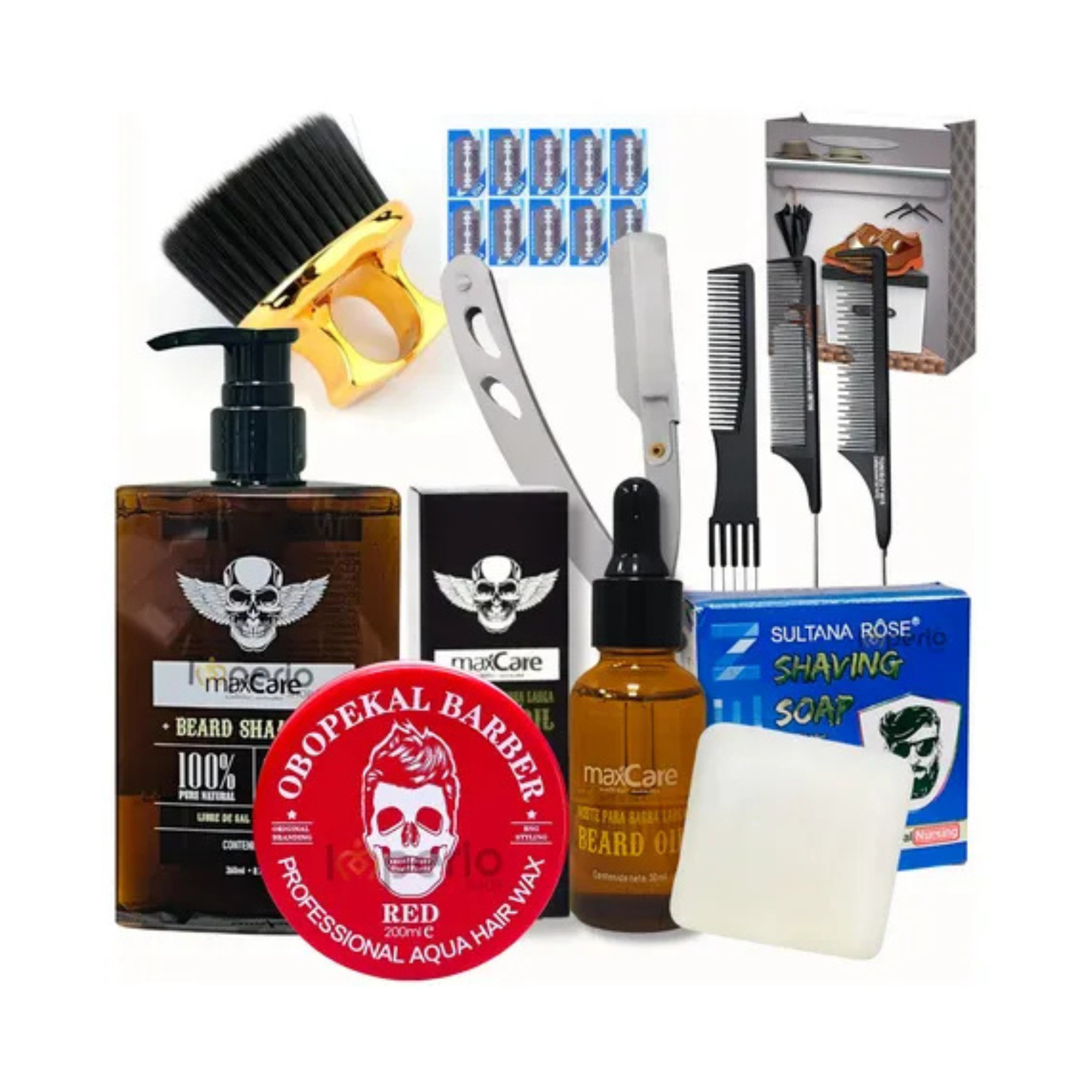 Maxcare-Guanjin - Kit Barberia Aceite Cera Shampoo Navaja Cepillo