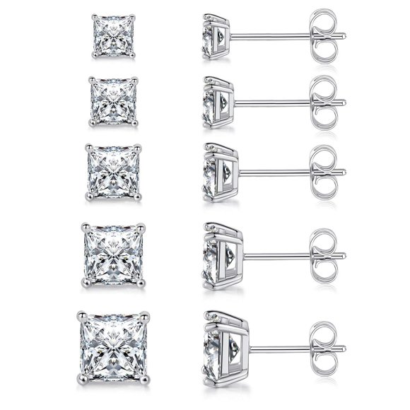 Aretes MDFUN 18K Chapados en Oro Blanco con CZ Cuadrados 5 Pares