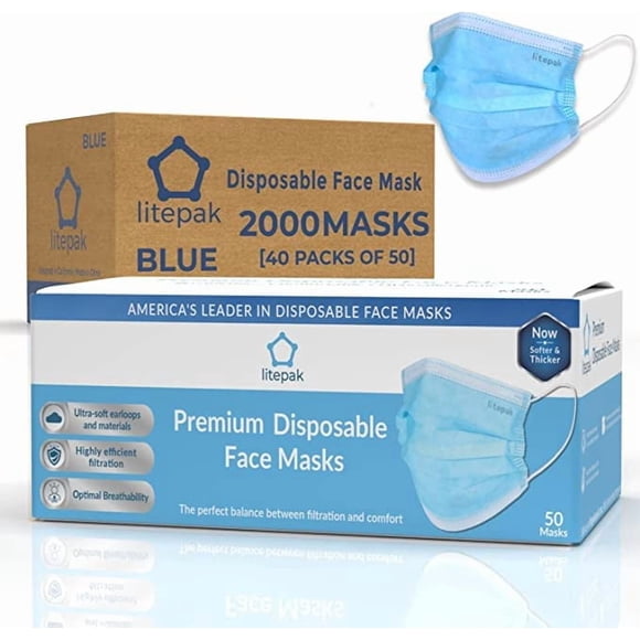 Mascarilla desechable Litepak, 2000 unidades, 3 capas con alambre nasal, azul