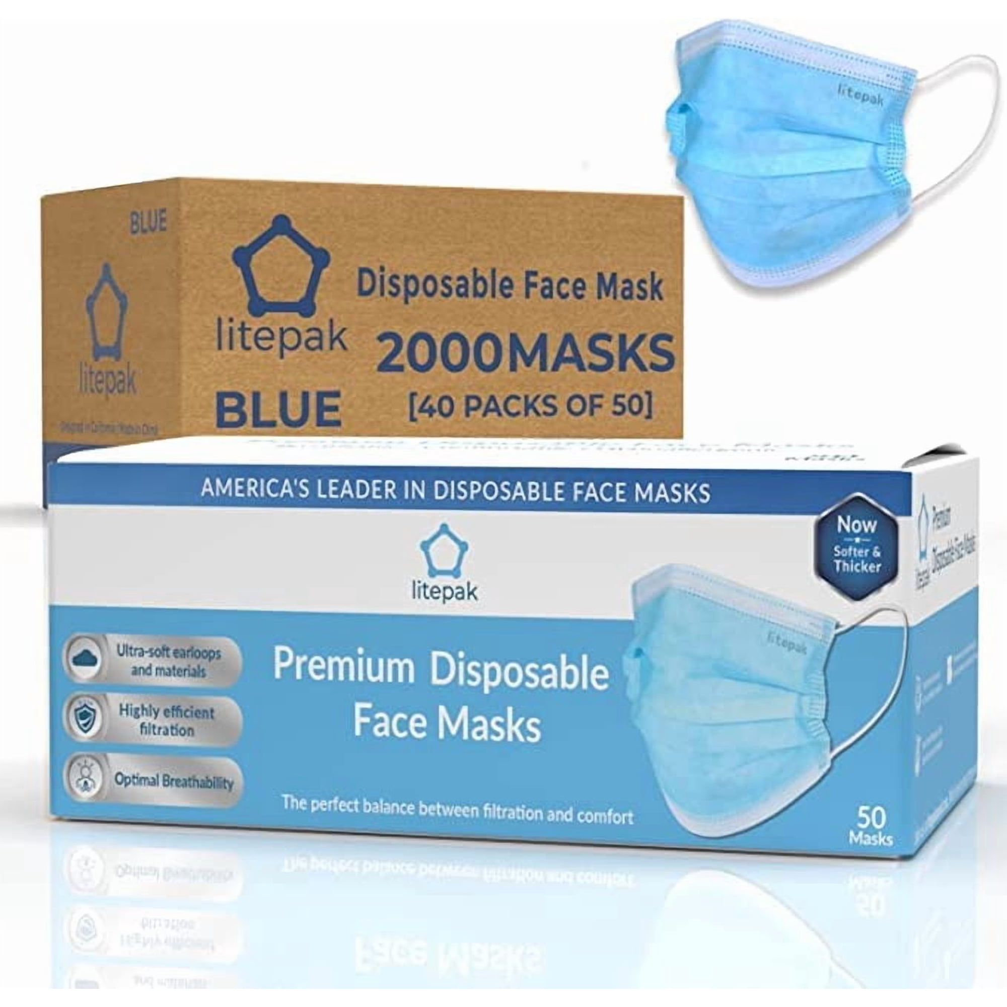 Mascarilla Desechable Litepak, 2000 Unidades, 3 Capas Con Alambre Nasal, Azul