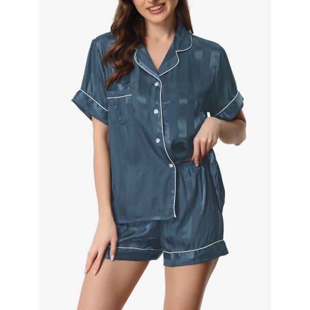 INSPIRE CHIC Conjunto de Pijama de Satén para Mujer Camisa de Dormir de Manga Corta con Botones y Pantalones Cortos con Patrón de Rayas Ropa de Casa Ligera L Azul Verde
