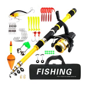 Ioensy - Caña De Pescar Para Niños, Accesorios De Pesca, Caña De Pescar Telescópica De Viaje Y Carrete, Color Amarillo