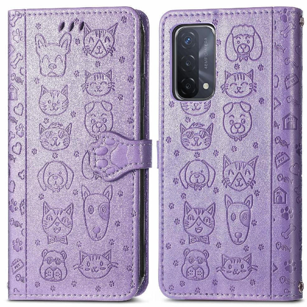 Funda Cartera Foxdock Para Oppo A54 5G , Flip Pu Con Relieve De Gatos Y Perros, Tarjetero Y Soporte
