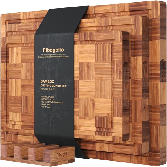 Set de 3 Tablas de Cortar de Bambú Fibogollo con Soporte