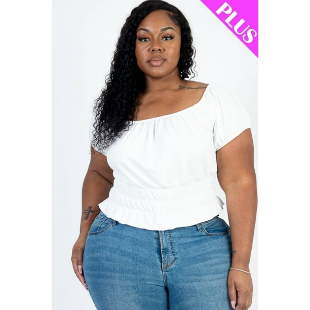 Top Liso De Punto Acanalado Con Mangas Abullonadas Fruncidas Casuales En Talla Grande
