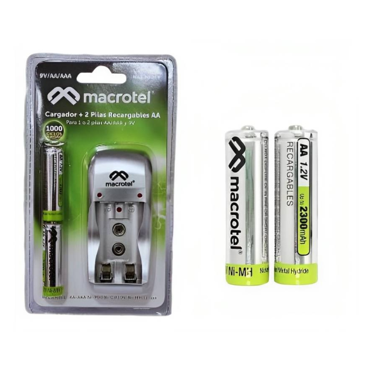 Macrotel - Cargador De Pila Con 2 Pilas Recargables Doble Aa