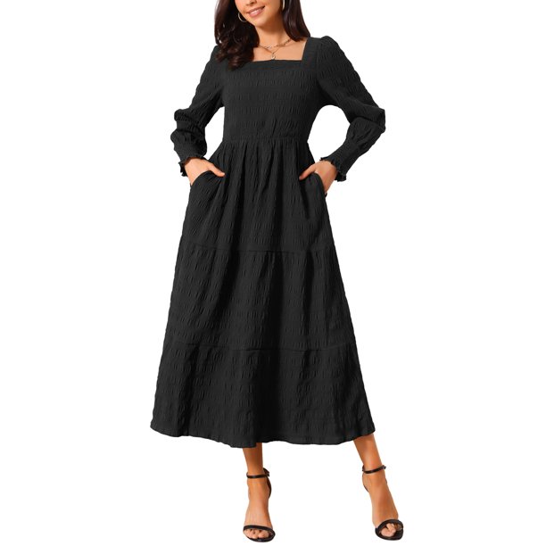 INSPIRE CHIC Vestido Midi de Mujer con Cuello Cuadrado, Cintura Fruncida, Manga Larga, Suave, Casual, Elegante, con Capas, M Negro