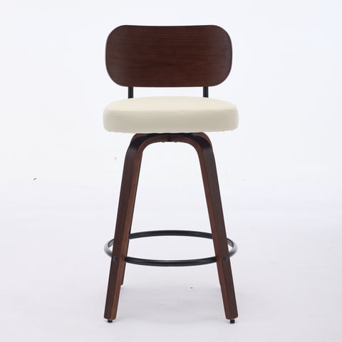 M&Ms - Swivel Bar Stools Set Of 2, 26"" Upholstered Faux Leather Counter Height Barstools With Walnut Back & Bentwood Legs, Mid Century Modern Bar Chairs Island Stools For Kitchen Counter, Beige Pu, Sw1864Bg