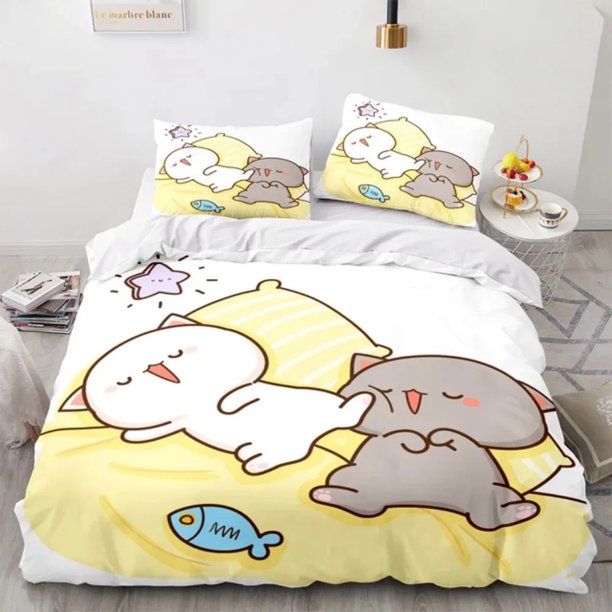 v535 Bed Sheets Cartoon Lovely Peach Cat Bedding Set,Duvet Cover Comforter Bed Set Quilt Cover Pillowcase,King Queen Twin Size Boys Girls Adults 3-Piece Bedding Set (1 Duvet Cover + 2 Pillow Shams) Be