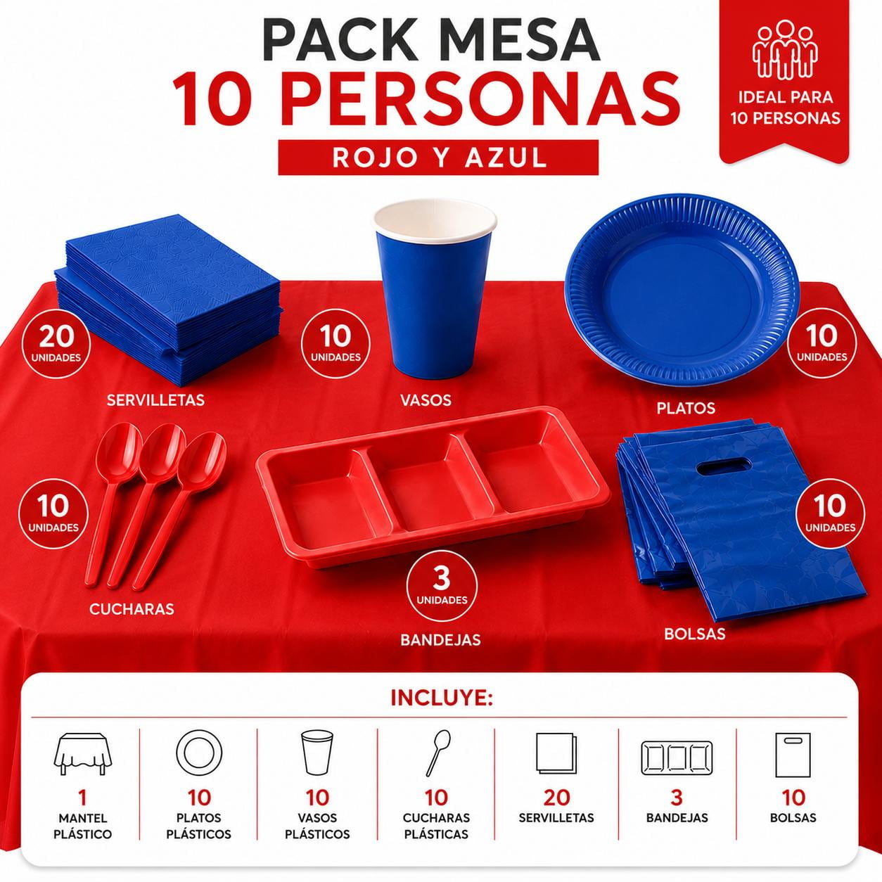 Genérico - Pack Cotillon Mesa 10 Personas Azul Y Rojo