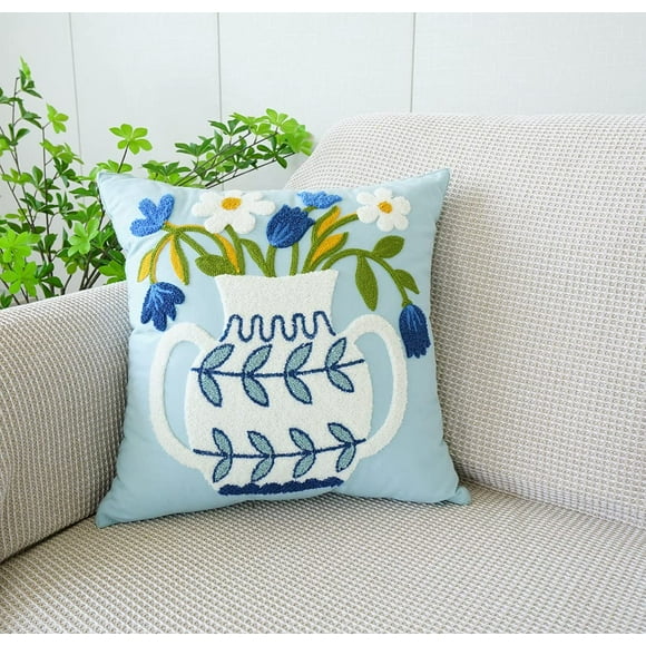 Funda Cojín Bordada 45x45 Cm Florero Celeste