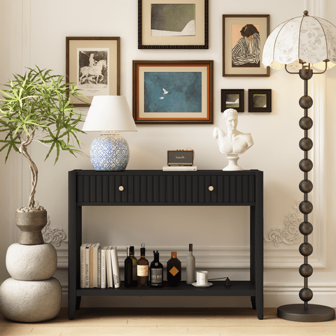 M&Ms - Console Table With Drawers, Narrow Wood Accent Sofa Table Entryway Table With Storage Shelf For Entryway, Front Hall, Hallway, Living Room, Black