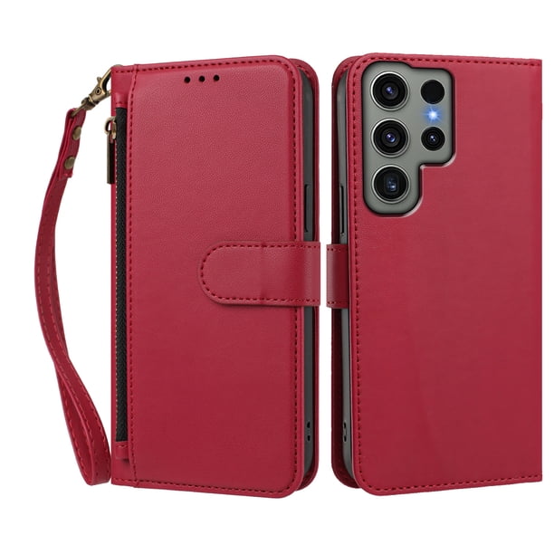 Funda Tipo Billetera para samsung galaxy S23 Ultra con Soporte y Bolsillo con Cierre Rojo
