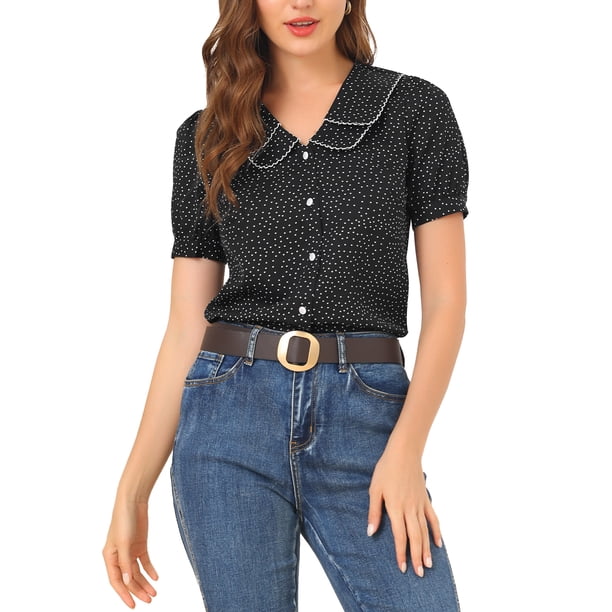 INSPIRE CHIC Blusa Vintage de Mujer para Regreso a Clases con Lunares, Cuello Peter Pan, Mangas Cortas Abullonadas, Camisa Top Negro XL