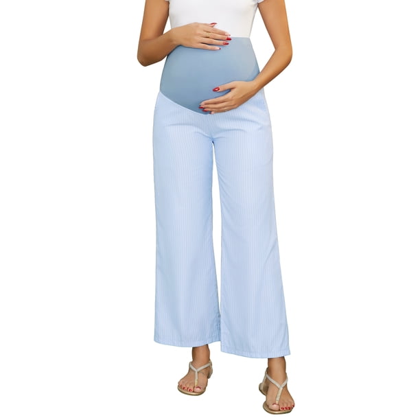 INSPIRE CHIC Pantalones de Maternidad para Mujeres Pierna Ancha Cintura Elástica Estampado a Rayas Sobre el Vientre Pantalones Casuales de Descanso para Embarazo L Raya Azul
