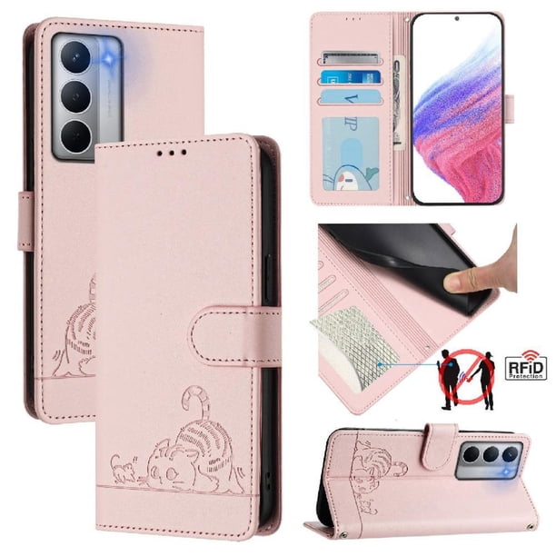 Funda tipo cartera FOXDOCK para Realme Narzo 80x con soporte, ranuras, RFID, diseño de gato
