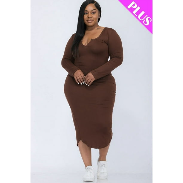 Vestido Midi de Manga Larga con Cuello Dividido y Talla Grande