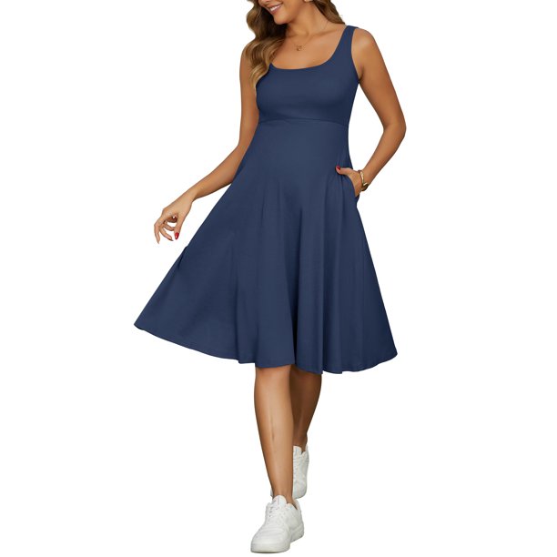 INSPIRE CHIC Vestidos de maternidad para mujeres, línea A sin mangas, vestido de verano con vuelo y bolsillos, talla 2XL, azul