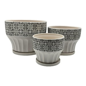 Fliperex - Set 3 Macetero Maceta De Ceramica Blanco Patrones Negro Alto Blanco