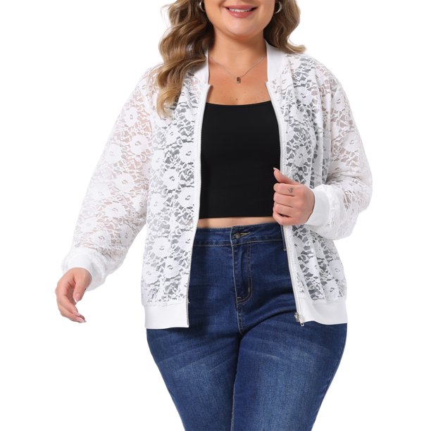 Agnes Orinda Chaqueta de Colegio Escolar para Mujer Tallas Grandes con Encaje Floral Transparente de Manga Larga con Cremallera Ligera Chaquetas de Béisbol 4X Blanco