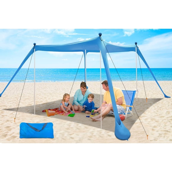 Toldo de playa YENGIAM UPF50+ de 3,4 x 3,4 m con bastones de estabilidad
