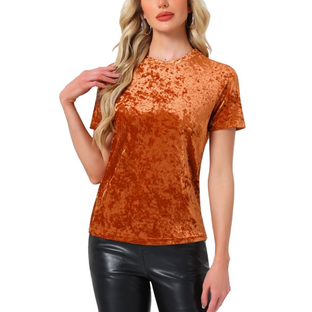 INSPIRE CHIC Top de Fiesta de Terciopelo para Mujer Cuello Redondo Mangas Cortas Camiseta Casual XL Naranja Café