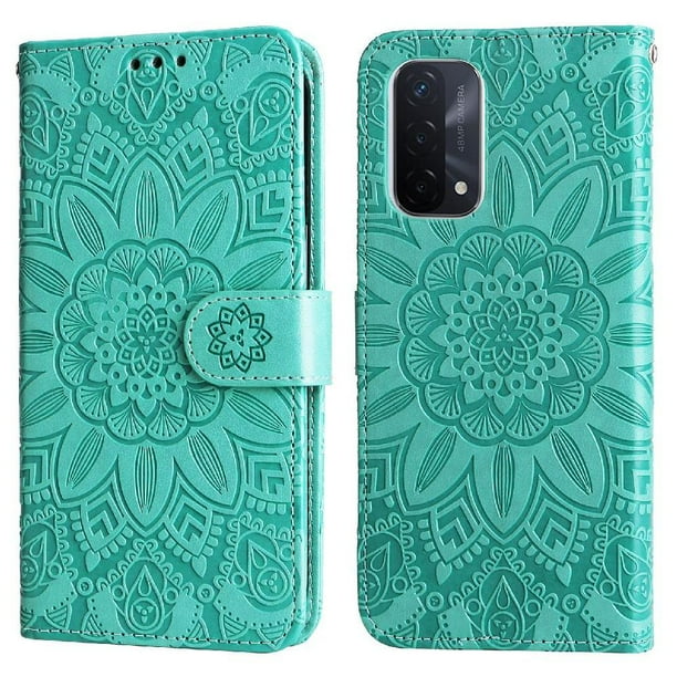 Funda tipo cartera FOXDOCK para OnePlus Nord N200 , diseño girasol en relieve, cuero PU, cierre magnético, soporte y tarjetero