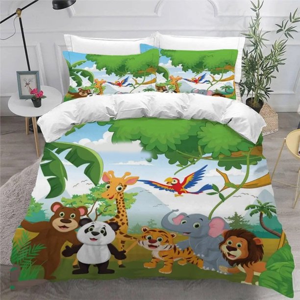 v160 Bed Sheets Forest Animal Cartoon Zoo Bedding Set,Duvet Cover Comforter Bed Set Quilt Cover Pillowcase,King Queen Twin Size Boys Girls Adult 3-Piece Bedding Set (1 Duvet Cover + 2 Pillow Shams) Be