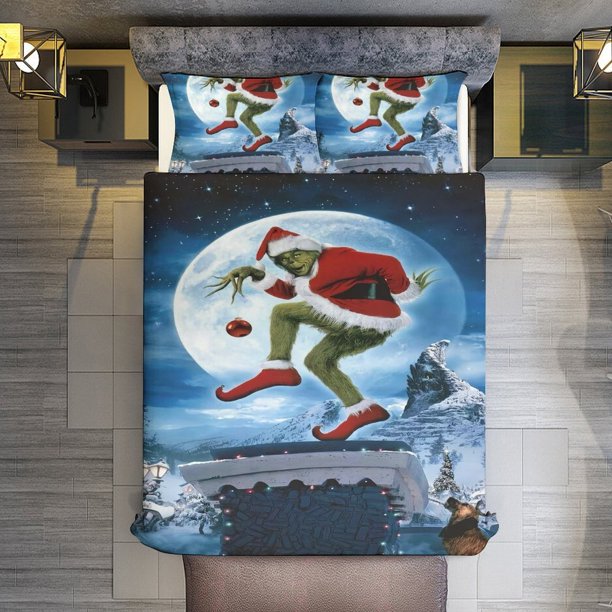 Comforter Set Queen Size The Grinch who stole Christmas Set with 2 Pillowcases for All SeasonsBedding Set 3pcs for Kids Boys Girls Bedroom Decor Bed Sheets