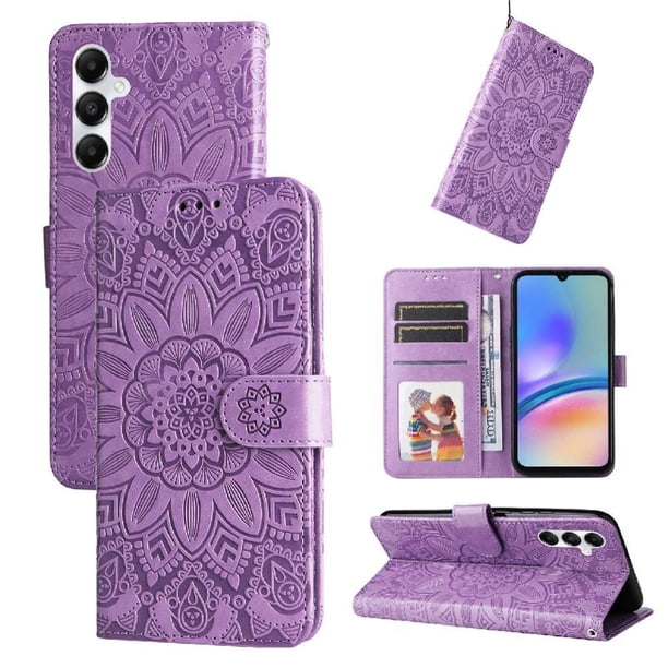 Funda tipo cartera FOXDOCK para Samsung Galaxy A05s , diseño girasol en relieve, cuero PU, cierre magnético, soporte y tarjetero