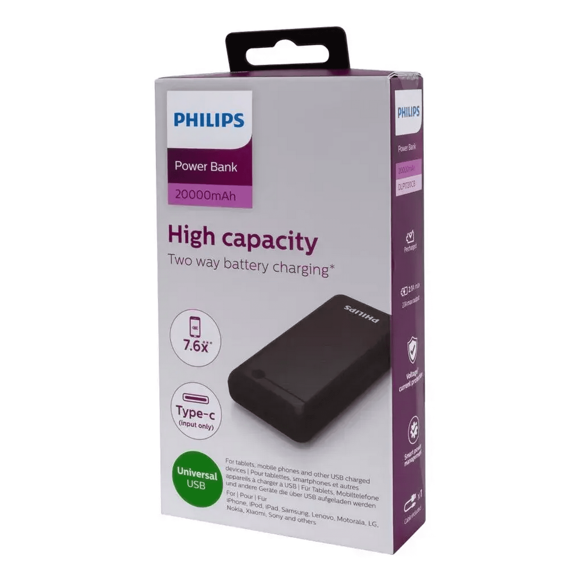 Batería Portátil Philips Power Bank, 20000mah, Black