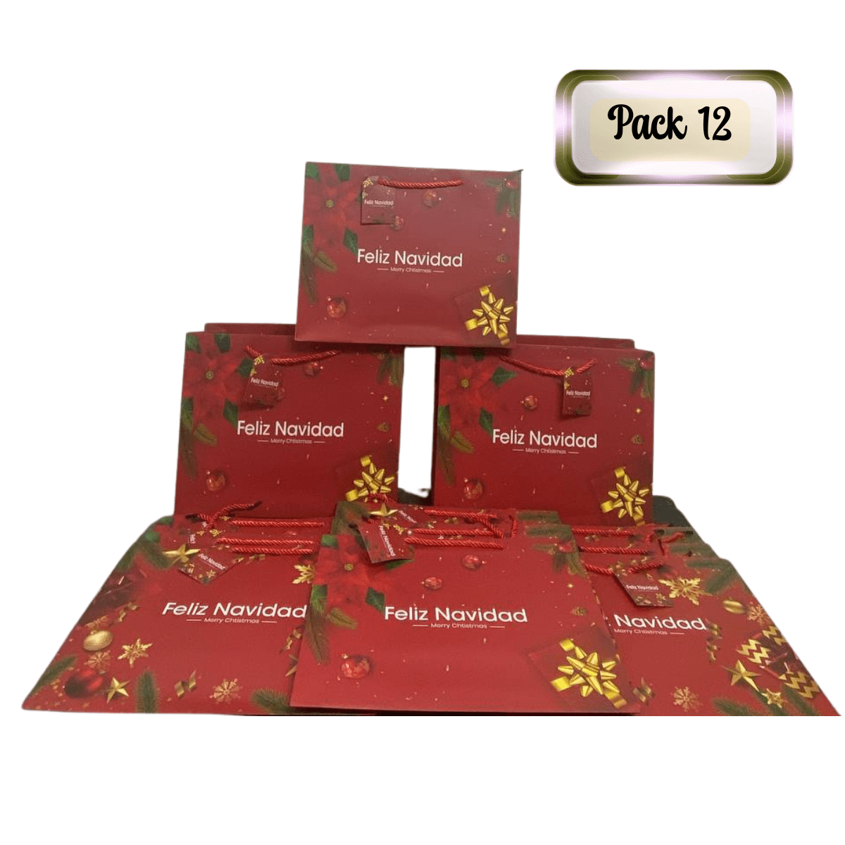 Genérico - Pack 12 Bolsas De Regalo 26 Cm X 32 Cm Rojas Con Dorado Navidad 2025