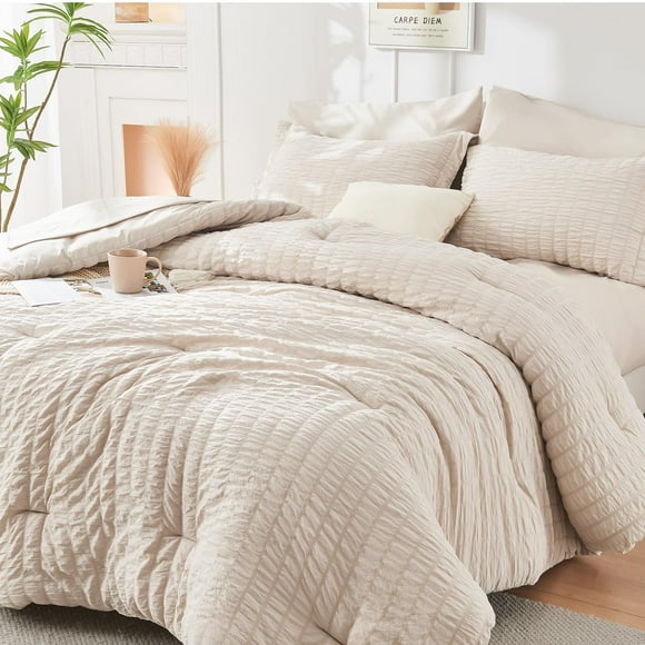 Juego de edredón HYMOKEGE Beige Queen de 7 piezas Seersucker