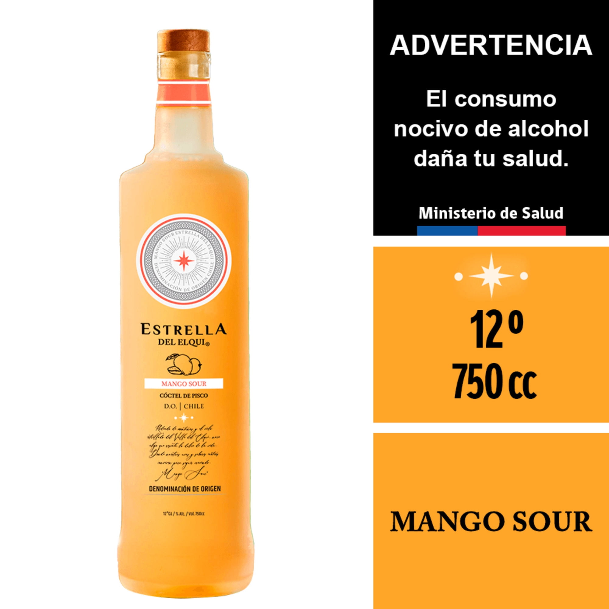 Cóctel Pisco Sour Mango 12° Botella 750 ml Estrella del Elqui