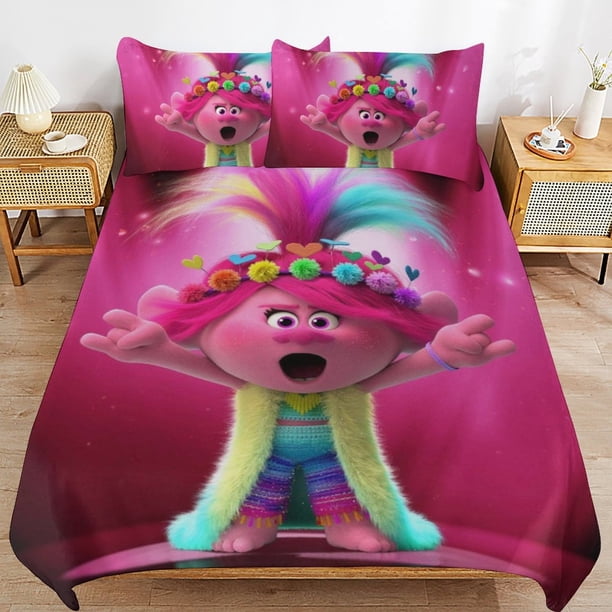 Trolls World Tour 3 Piece Comforter Bedding 1 Set Super Soft Quilt Cover with 2 Pillowcases Funny Merch Movie Fans Gifts for Girls Boys Kids Adults