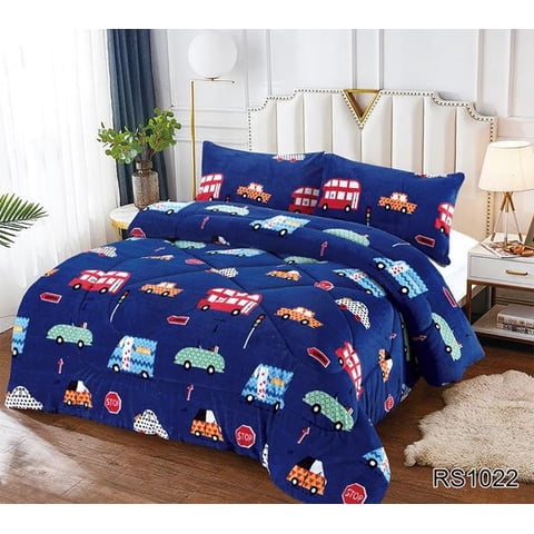 Aladdins Shop - Cobertor De Invierno De Plush Y Chiporro 1,5 Plaza Azul Diseño Autos