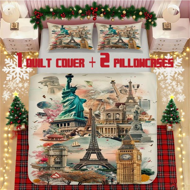 World Landmark Collage Soft Printed Bedding Set Polyester Fabric Decorative & Warm