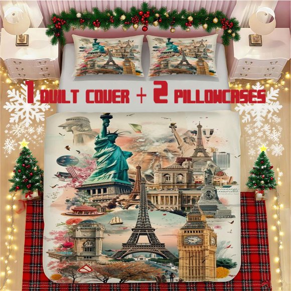 World Landmark Collage Soft Printed Bedding Set Polyester Fabric Decorative & Warm