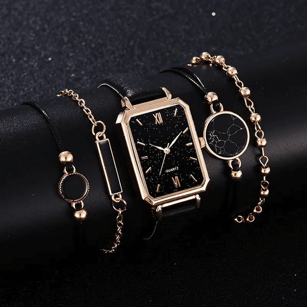 1pc Round Pointer Quartz Watch & 4pcs Bracelet
