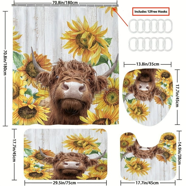 1pc/4pcs Sunflower & Cow Pattern Bath Rugs and Shower Curtain Set - Waterproof, Non-Slip, U-Shaped Toilet Mat, Toilet Cover, and Bathroom Accessories - Home Decor
