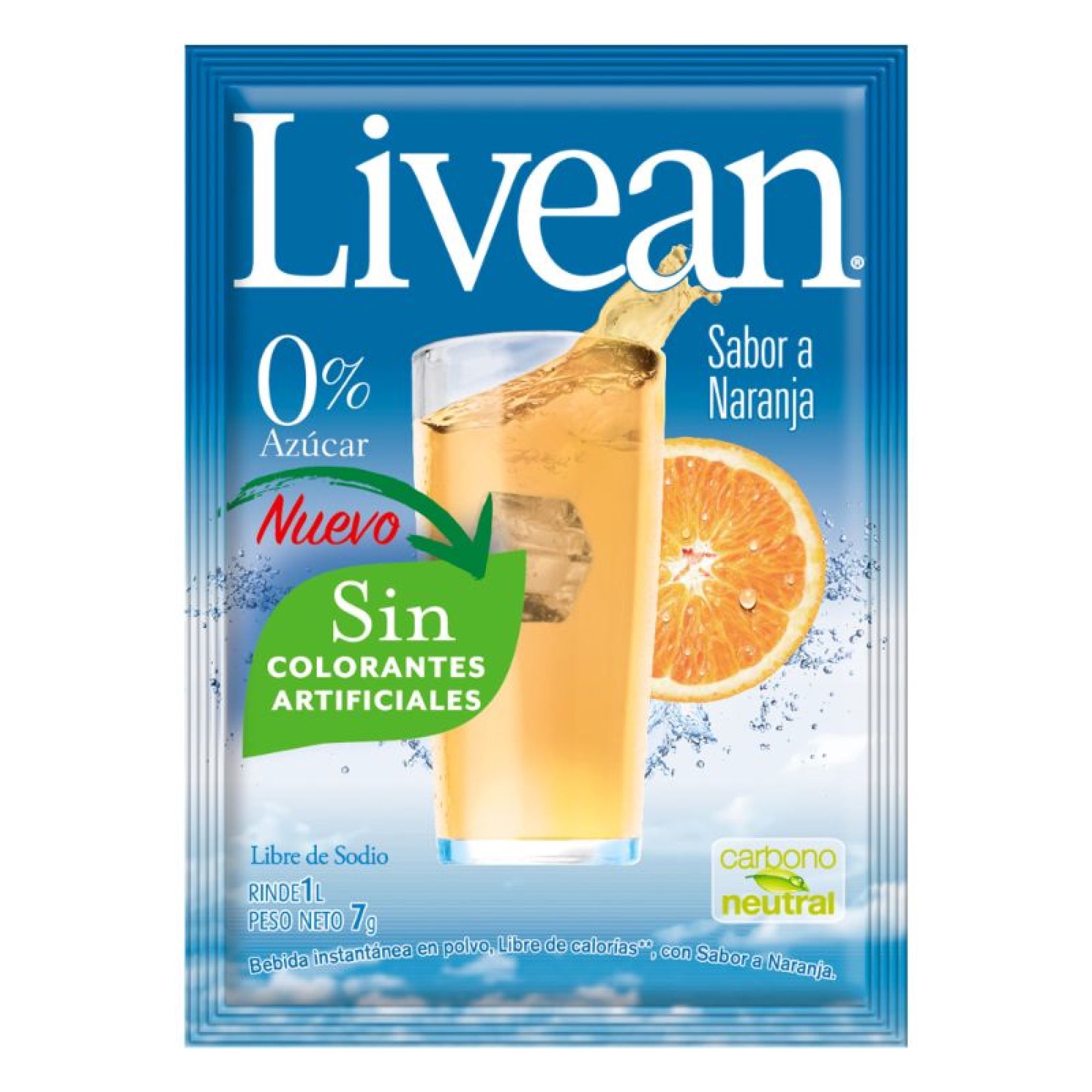 Jugo En Polvo Libre De Azúcar Sabor Naranja 7 G Sobre 1 Un Livean
