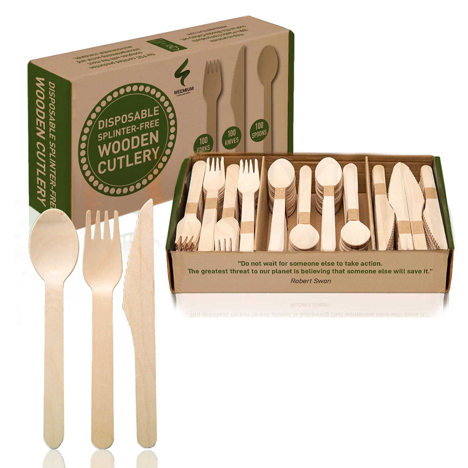 Juego De Cubiertos De Madera Desechables Weemium, 300 Unidades (100 Tenedores, 100 Cuchillos, 100 Cucharas)
