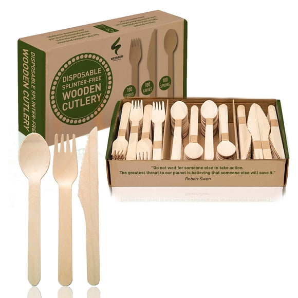Juego de cubiertos de madera desechables Weemium, 300 unidades (100 tenedores, 100 cuchillos, 100 cucharas)