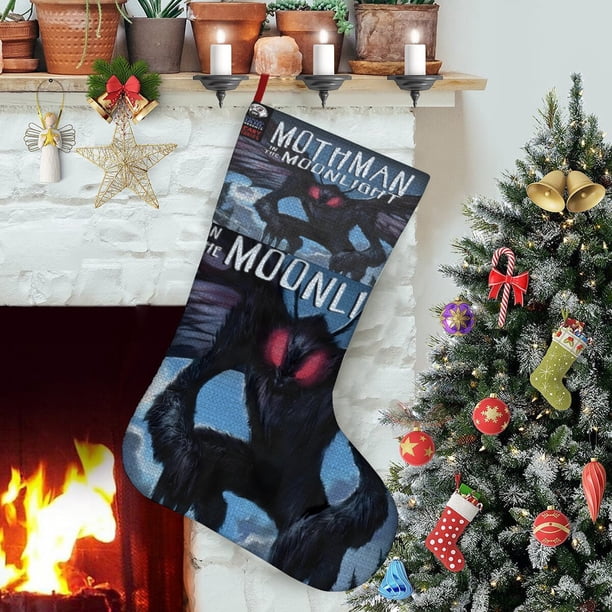 Hombre Polilla Tema: Calcetines de Navidad, fino lino blanco para colgar en escaleras y chimenea, decoración navideña para el hogar, regalo de Navidad. 45cm × 32cm