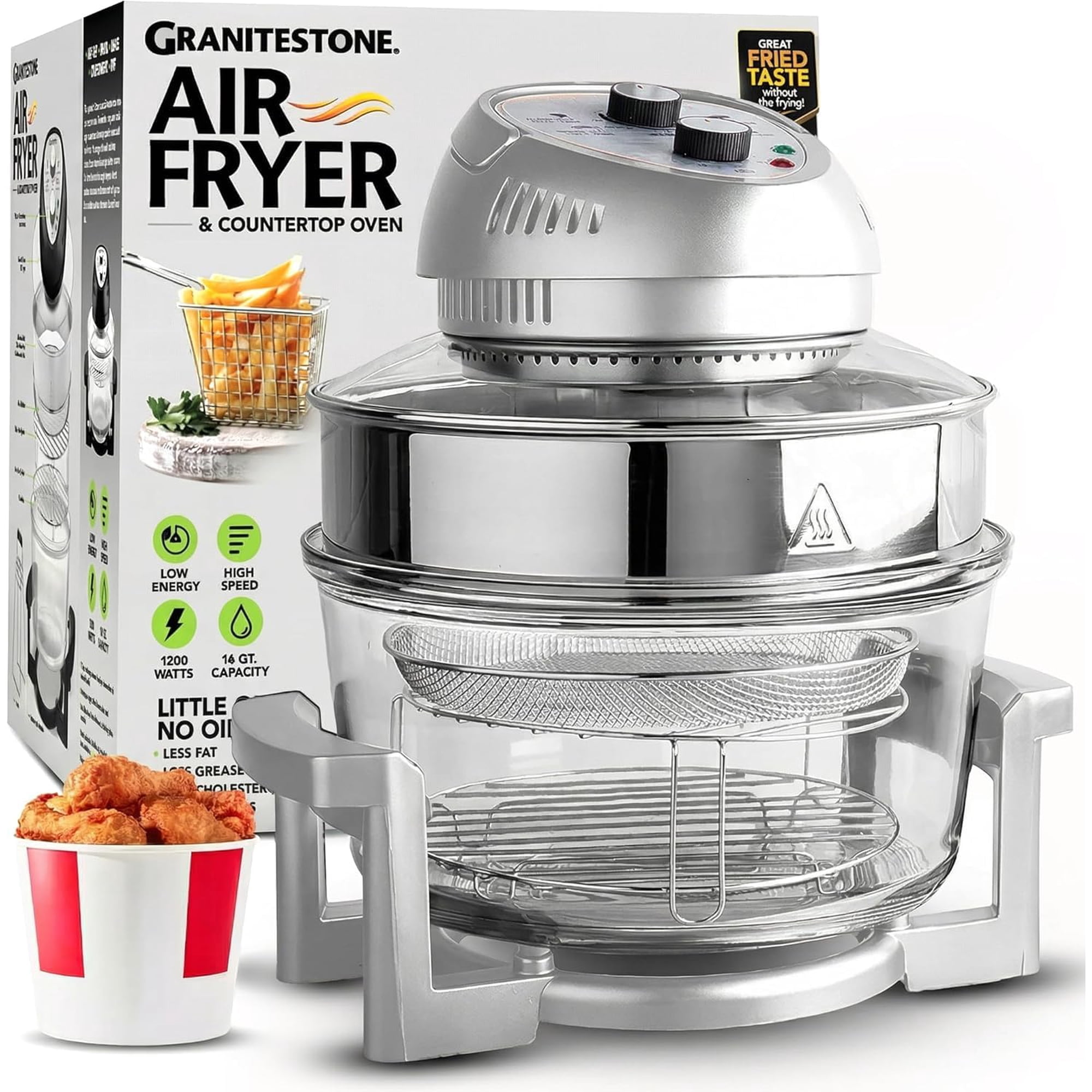 Granitestone - Air Fryer Big Boss De Vidrio Grande De 16 Cuartos De Galón, No Tóxico, Con 3 Niveles